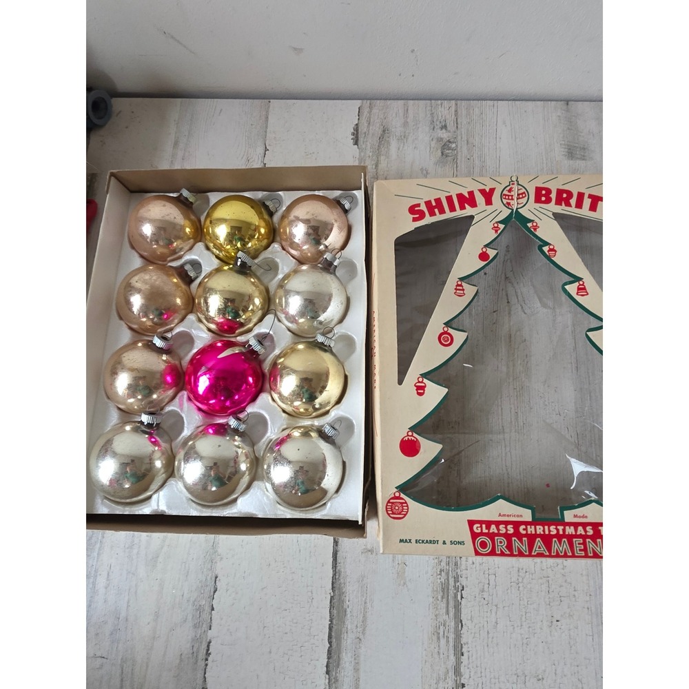 Vintage shiny Brite solid mercury glass ornament set box Pink gold silver
